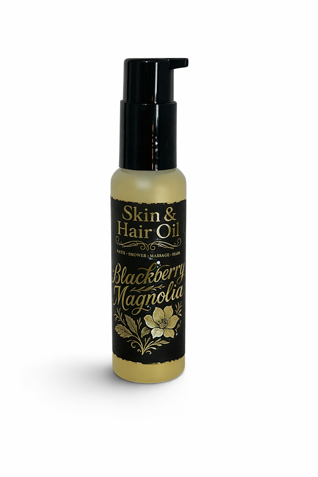 Bottle of Skin & Hair Oil with Blackberry Magnolia scent on a white background