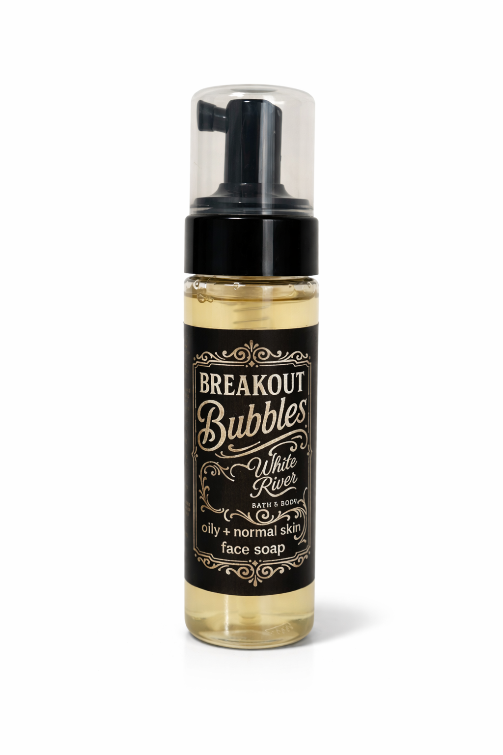 Foam bottle of 'Breakout Bubbles' face soap on a white background