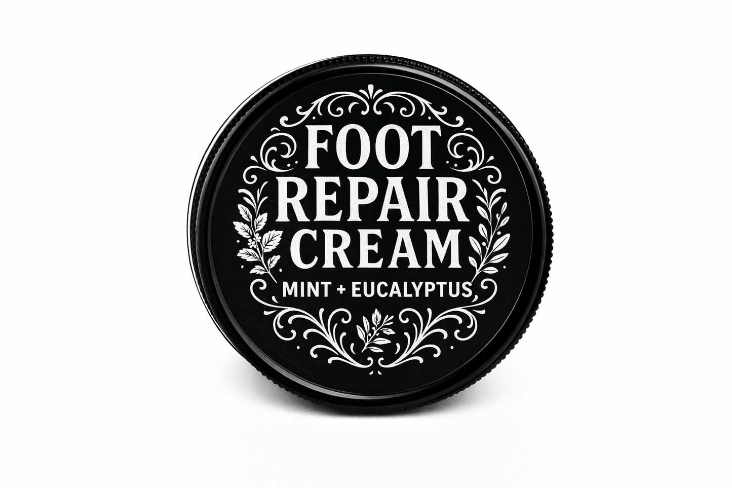 Foot repair cream container with decorative text on a white background