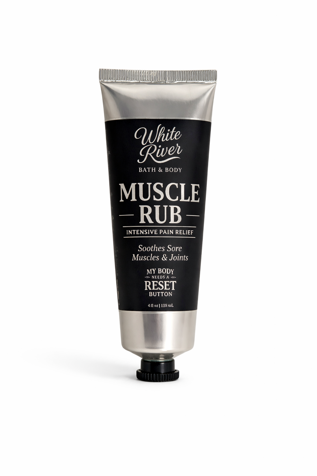 Tube of White River Bath & Body Muscle Rub on a white background