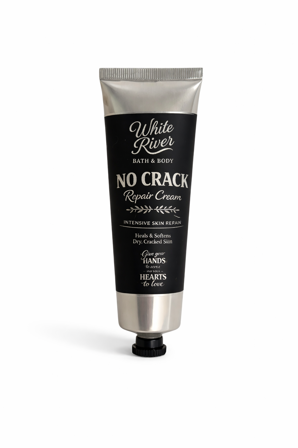 Hand cream tube labeled 'White River Bath & Body' on a white background