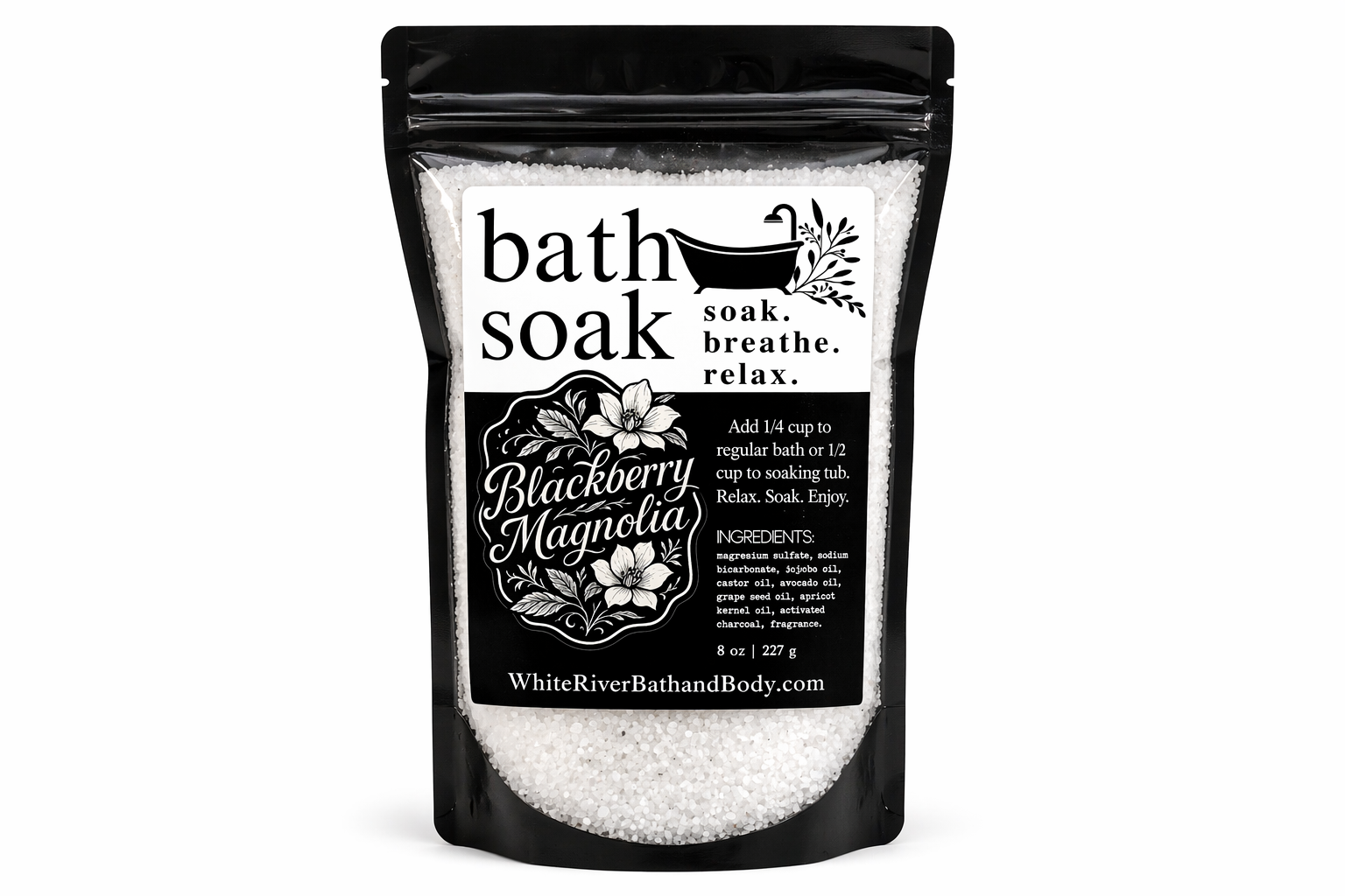 Black and white packaging of bath soak with branding and product details.