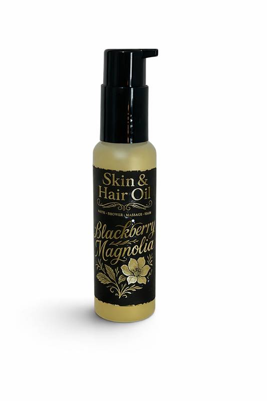 Bottle of Skin & Hair Oil with Blackberry Magnolia scent on a white background