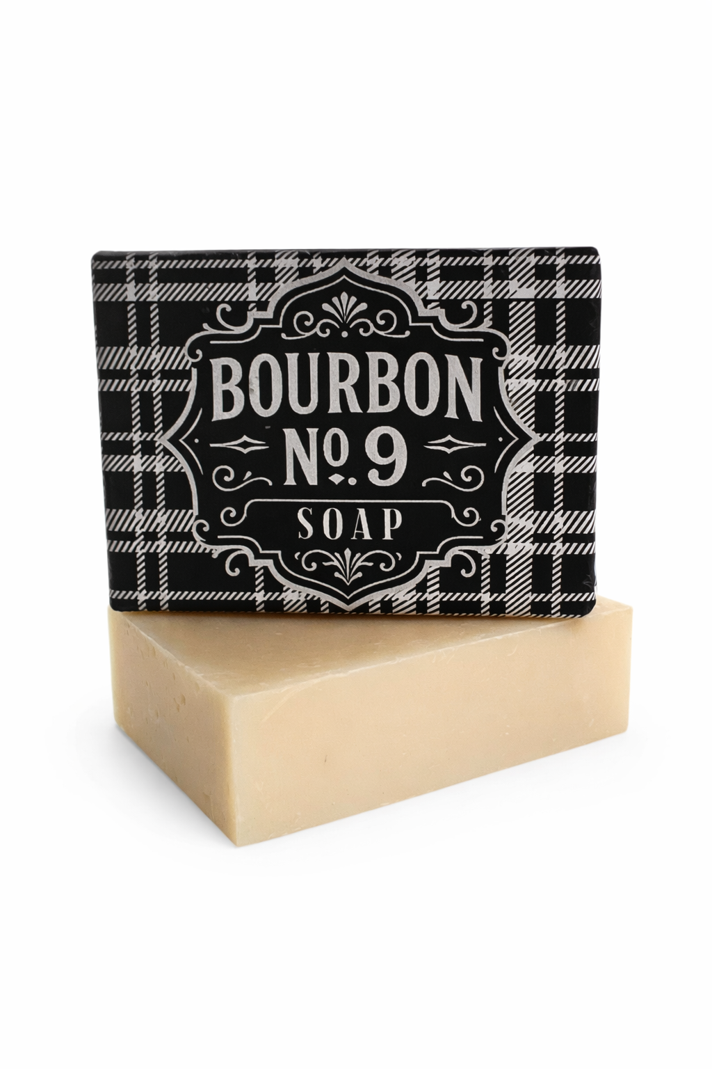 Bar of soap with a decorative packaging labeled 'Bourbon No. 9' on a white background.