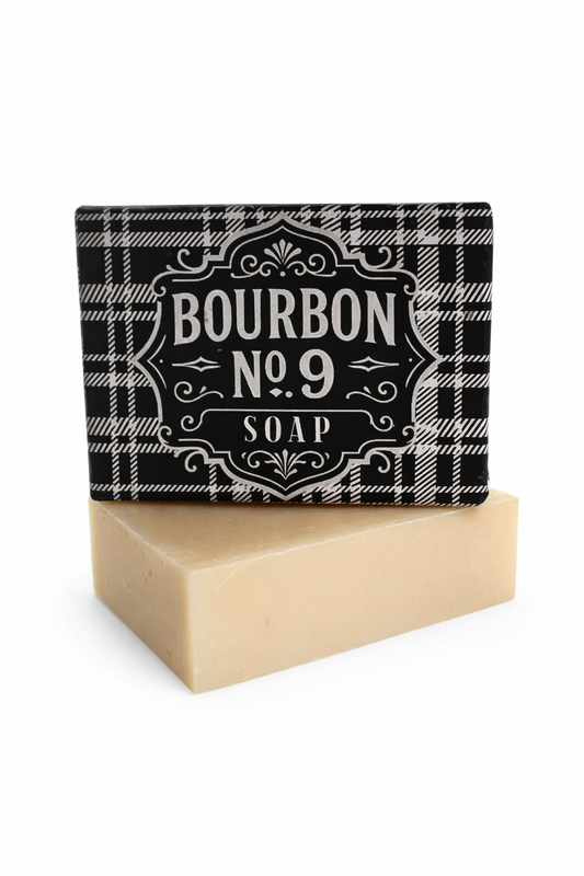 Bar of soap with a decorative packaging labeled 'Bourbon No. 9' on a white background.