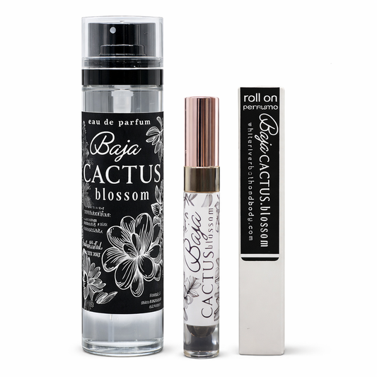 Two perfume bottles labeled 'Baja Cactus Blossom' on a white background