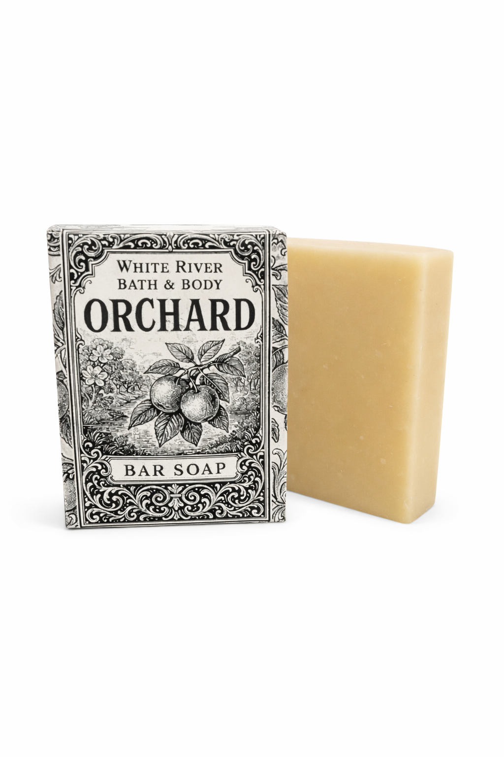 Bar of soap with 'Orchard' packaging on a white background