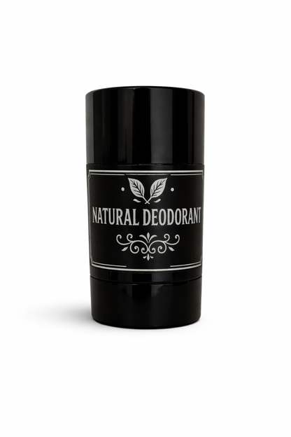 Black natural deodorant stick with white text on a white background