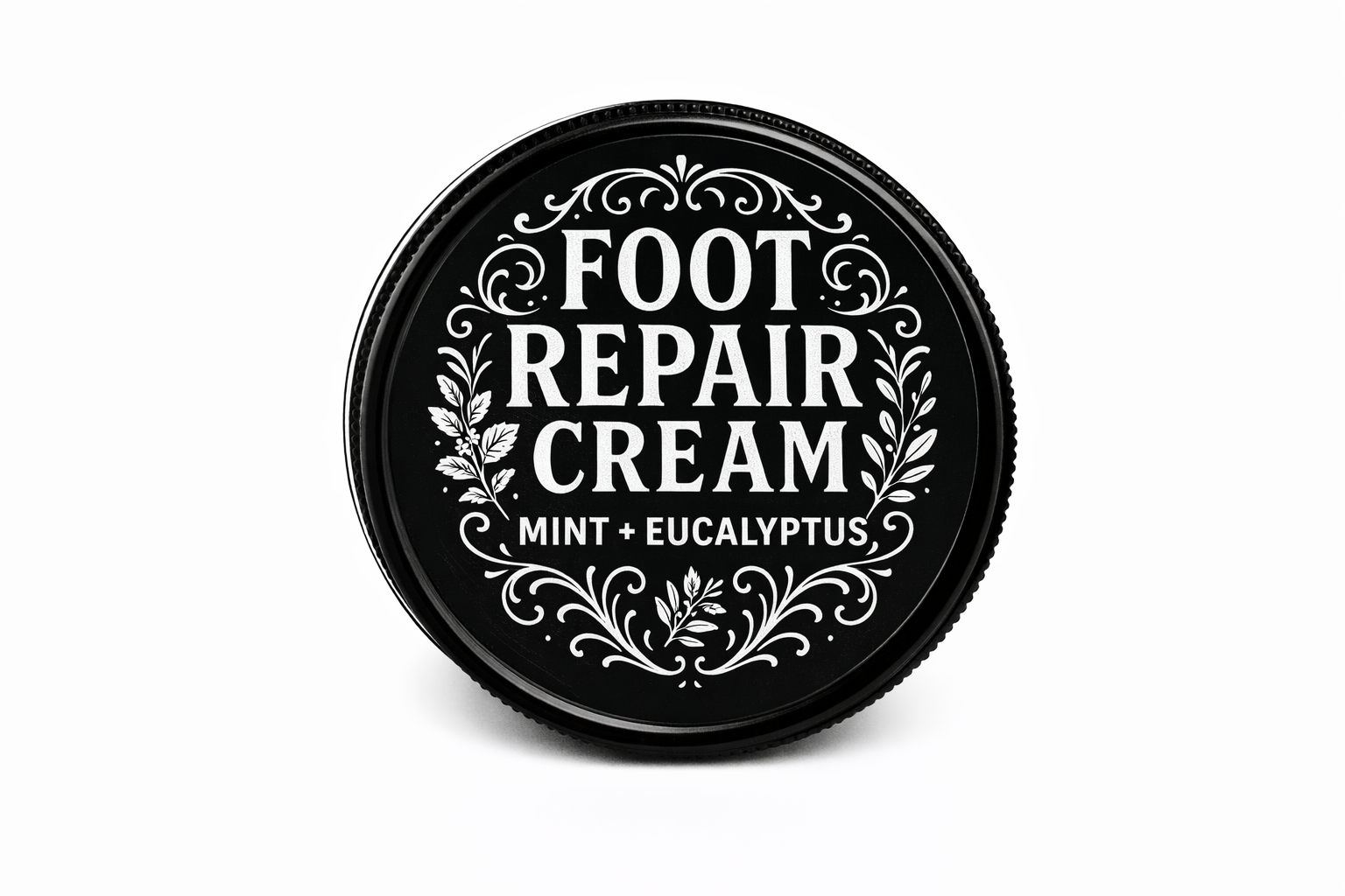 Foot repair cream container with decorative text on a white background