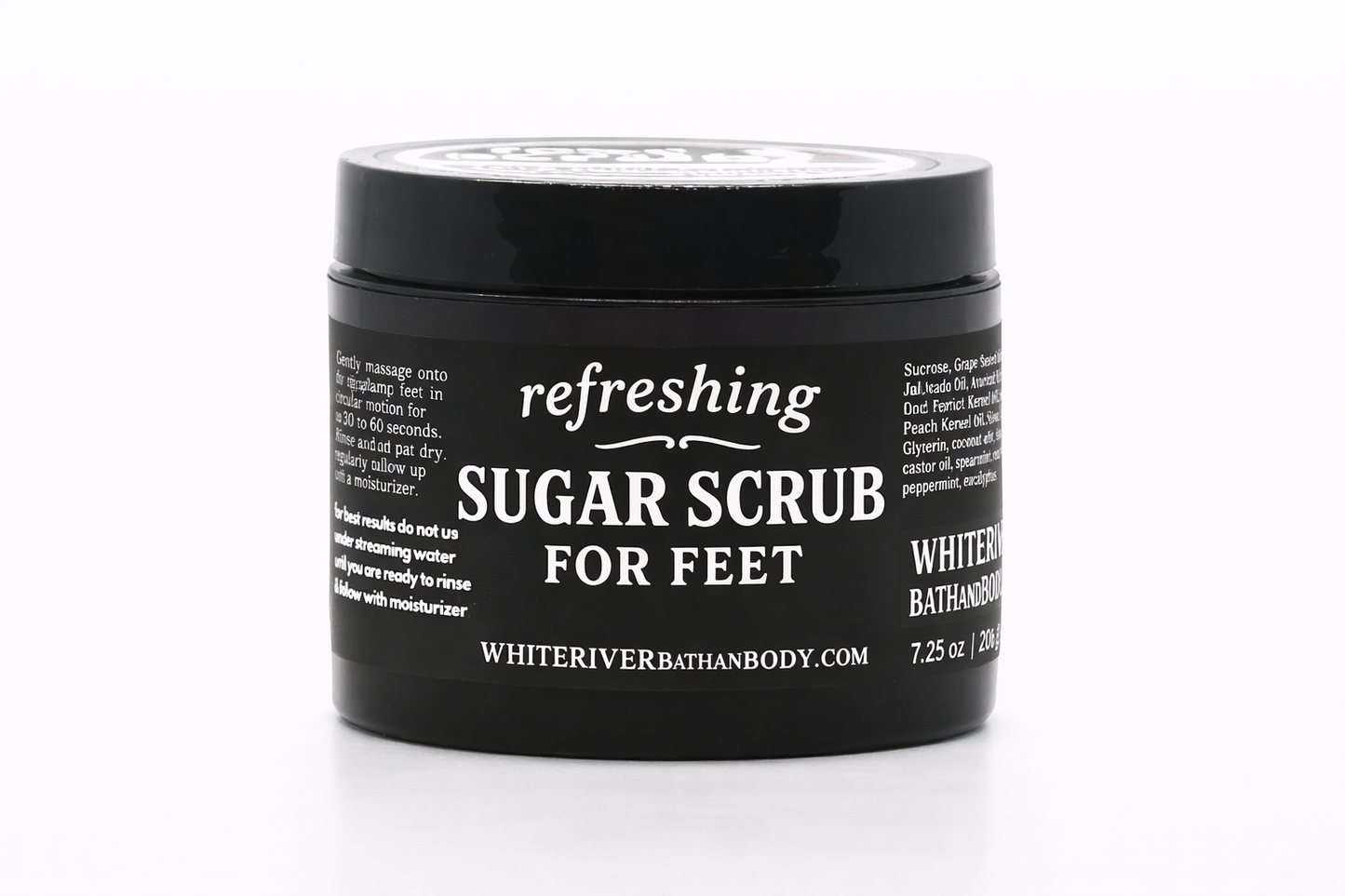 Jar of refreshing sugar scrub for feet on a white background