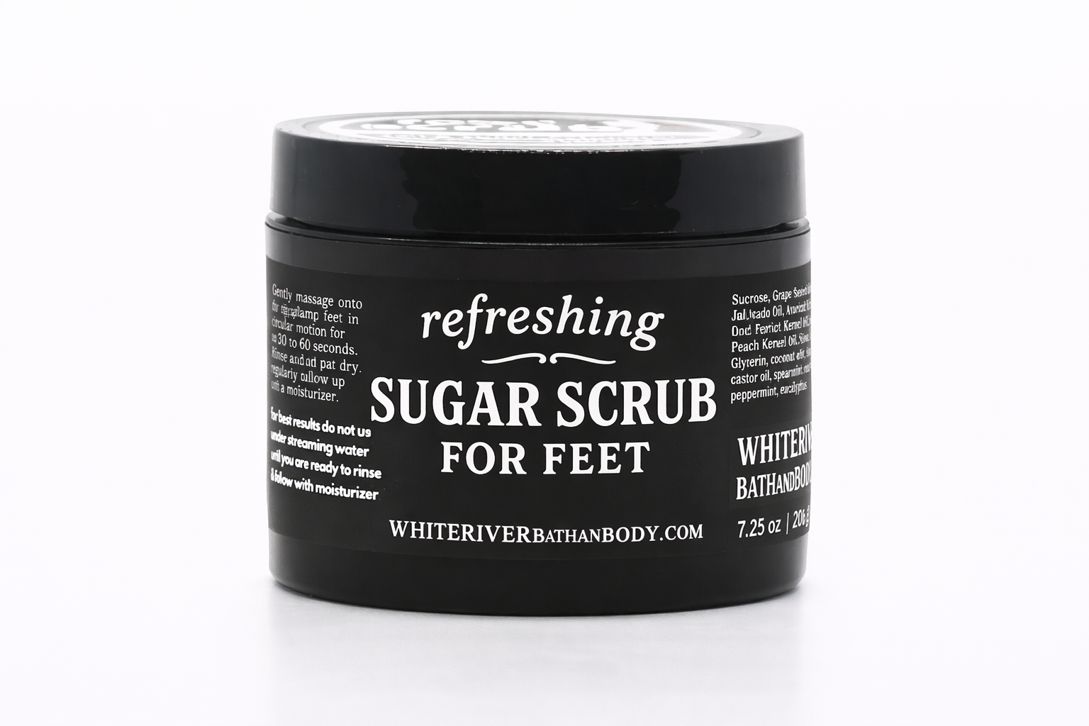 Jar of refreshing sugar scrub for feet on a white background