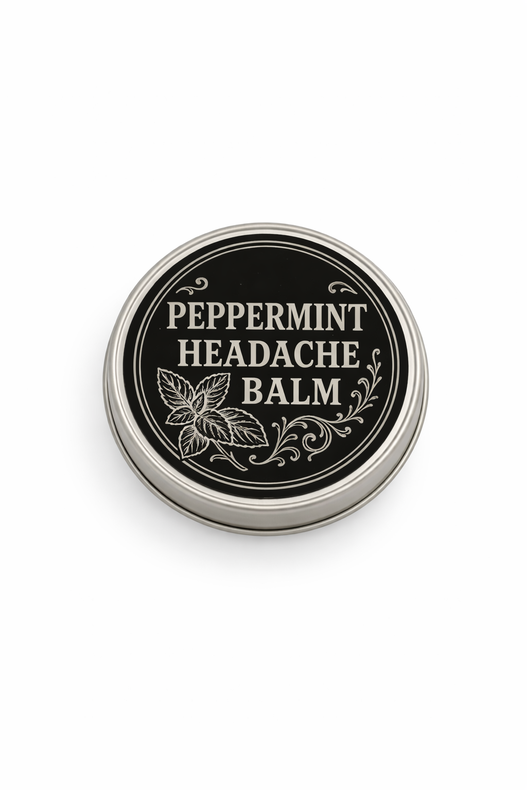 Peppermint headache balm container with black label on a white background