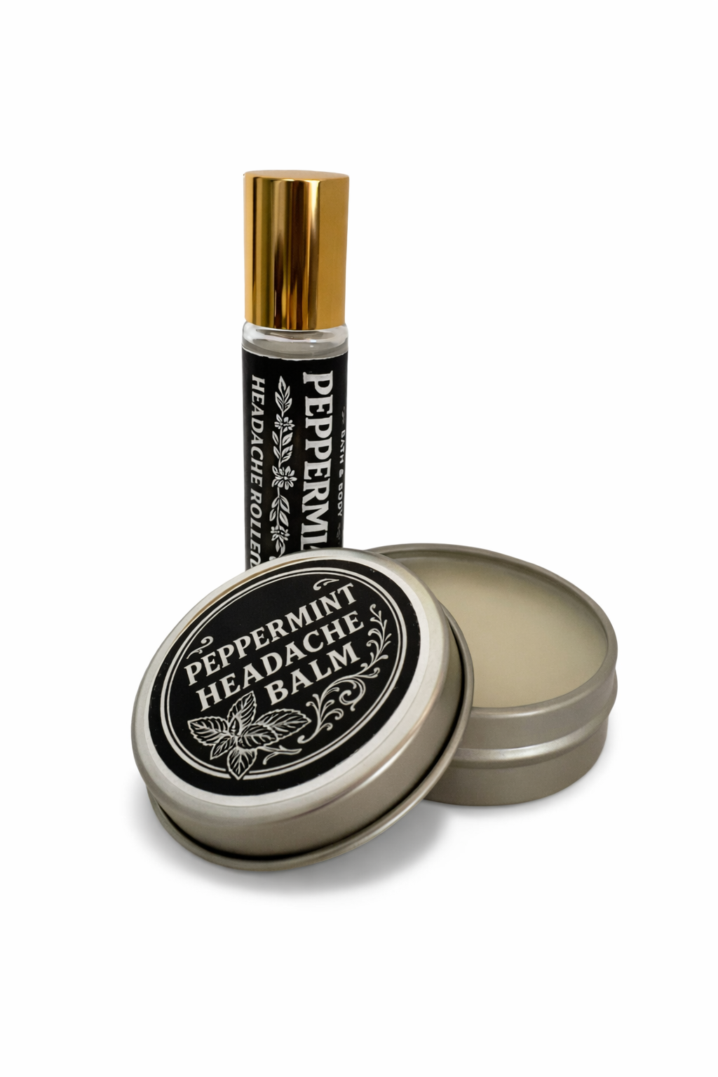 Peppermint headache balm with a gold-topped roller bottle on a white background