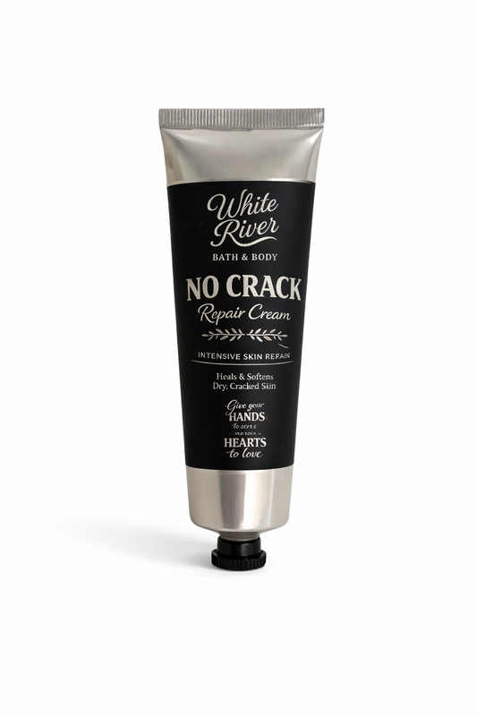 Hand cream tube labeled 'White River Bath & Body' on a white background