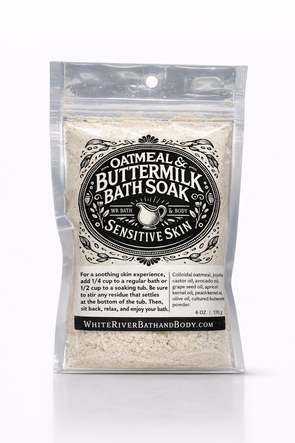 Oatmeal and buttermilk bath soak packaging on a white background