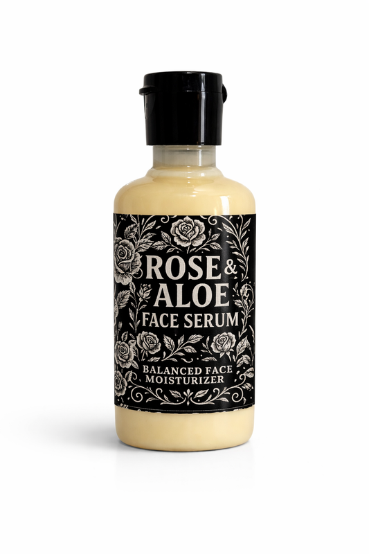 Rose & Aloe face serum bottle with black label on a white background