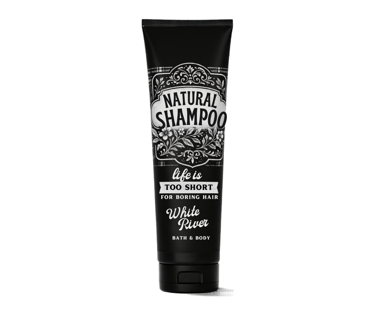 Black tube of Natural Shampoo with decorative text on a white background