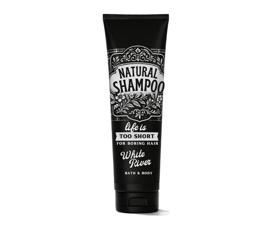 Black tube of Natural Shampoo with decorative text on a white background
