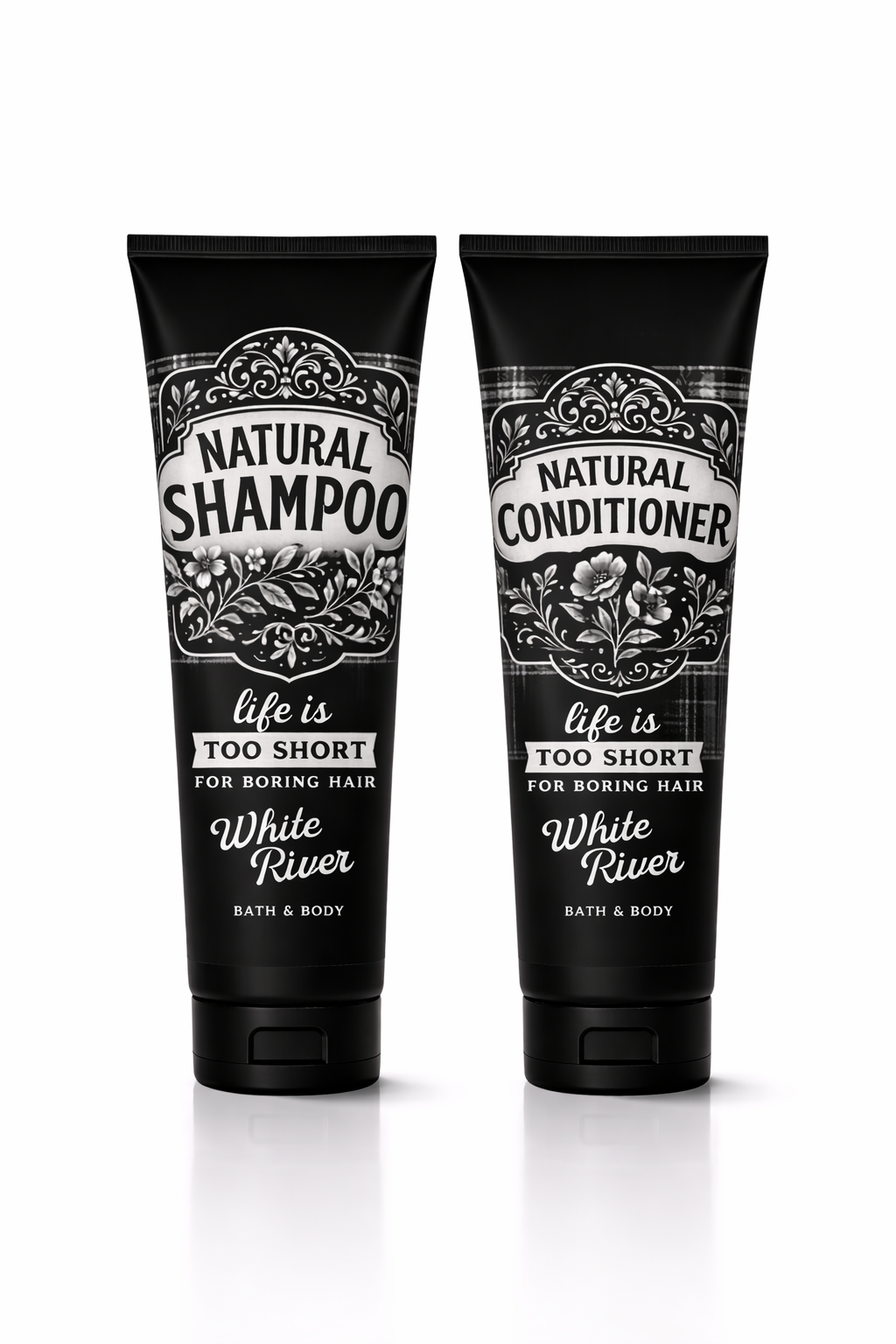 Two Black & White shampoo and conditioner bottles with decorative labels on a white background