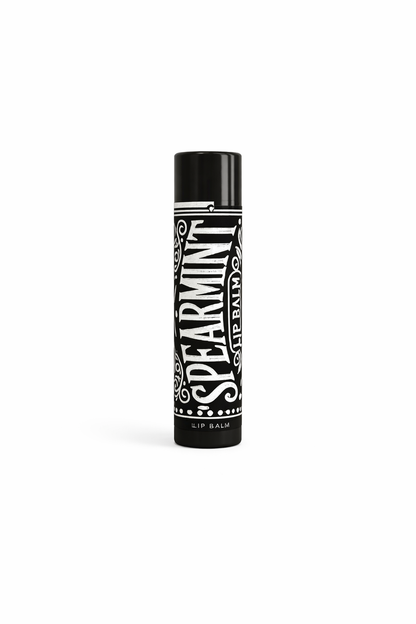 Lip balm with spearmint flavor on a white background